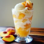 Peach parfait with vanilla ice cream and fresh peach slices in a tall glass, featuring layered cream and fruit. Perfect dessert or summer treat highlighting fruity and creamy textures.