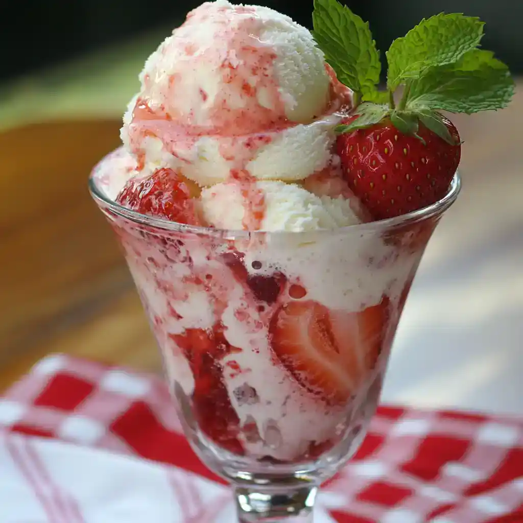 Fresh strawberry ice cream sundae with whipped cream, fresh strawberries, and mint leaves in a glass dessert dish, perfect for summer treats and dessert recipes.