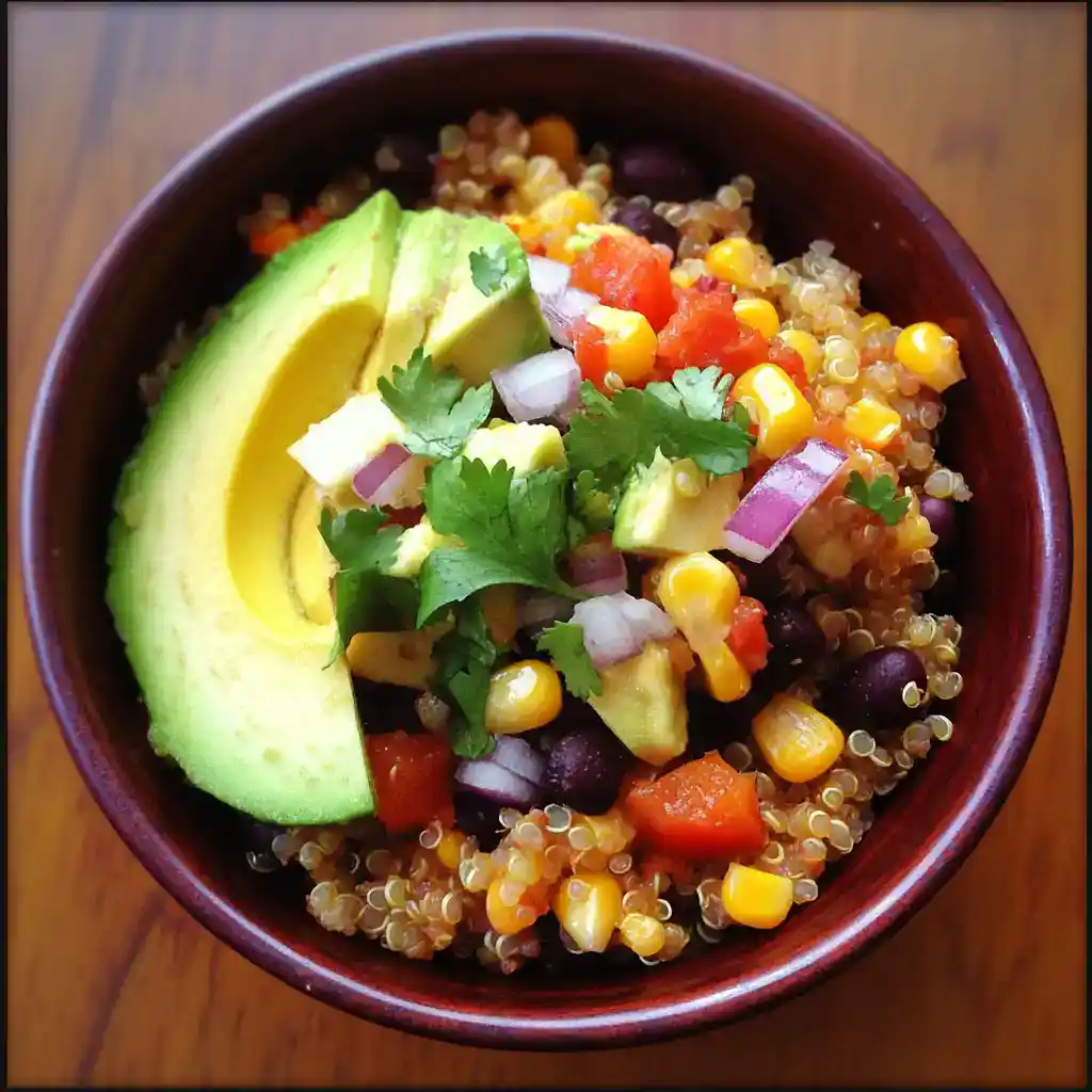 Fresh quinoa salad with avocado, black beans, corn, diced tomatoes, red onion, and cilantro in a wooden bowl. Healthy vegetarian meal perfect for lunch or dinner.