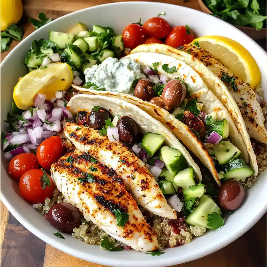 Grilled chicken taco salad with fresh vegetables, cherry tomatoes, cucumbers, olives, and lemon wedges in a white bowl, showcasing healthy and flavorful meal options.