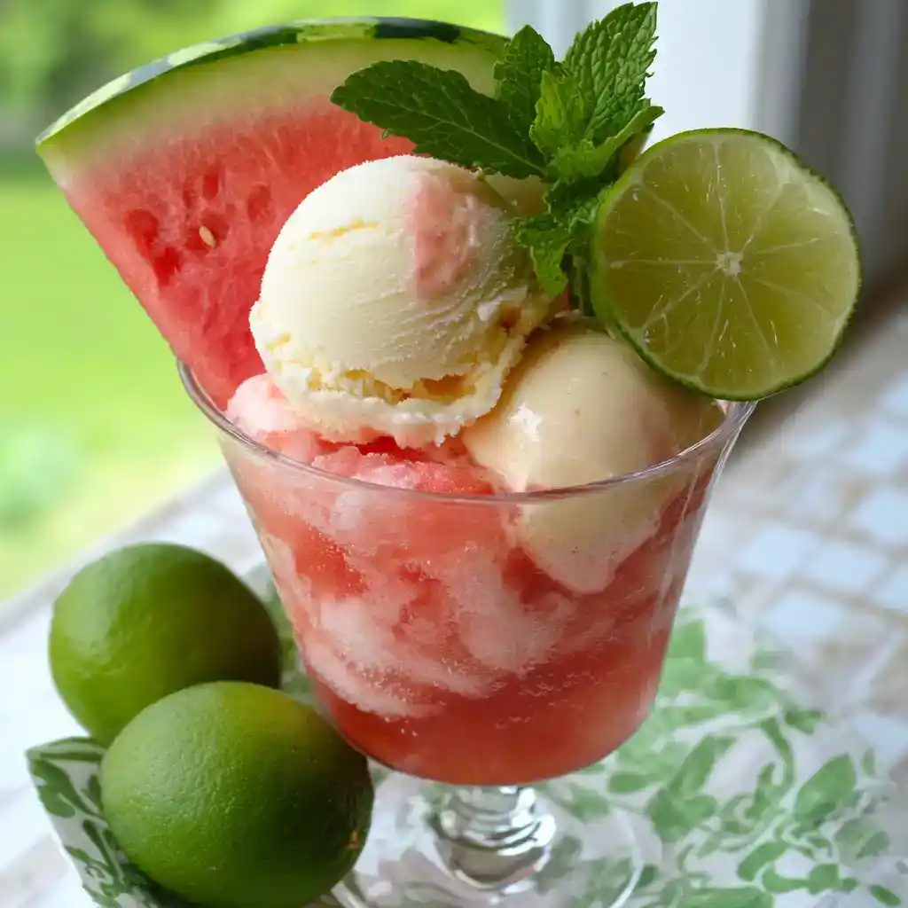 Refreshing watermelon lime ice cream float garnished with fresh mint and lime slices in a clear dessert glass. Perfect for summer desserts and fruit-based recipes.