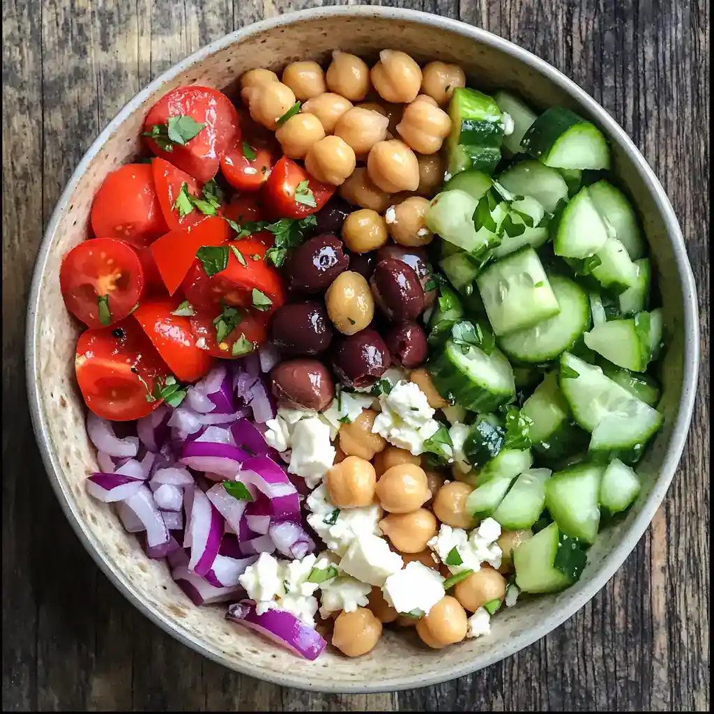 Fresh chickpea salad with cherry tomatoes, cucumber, red onion, Kalamata olives, and crumbled feta cheese in a rustic bowl. Perfect healthy recipe for weight loss, vegetarian, vegan, gluten-free, and meal prep.