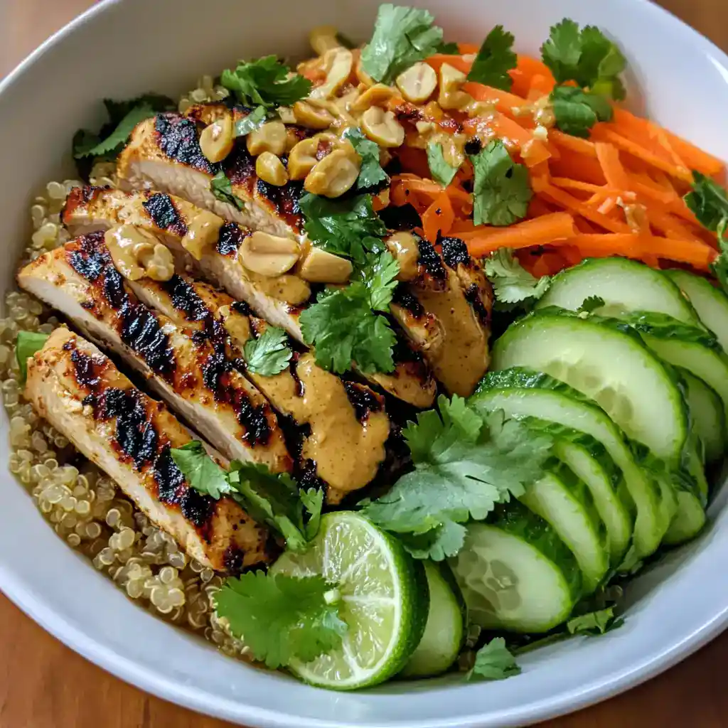 Grilled chicken quinoa salad with fresh cucumbers, shredded carrots, cilantro, lime, and peanut sauce, perfect for healthy meals and easy lunch recipes.
