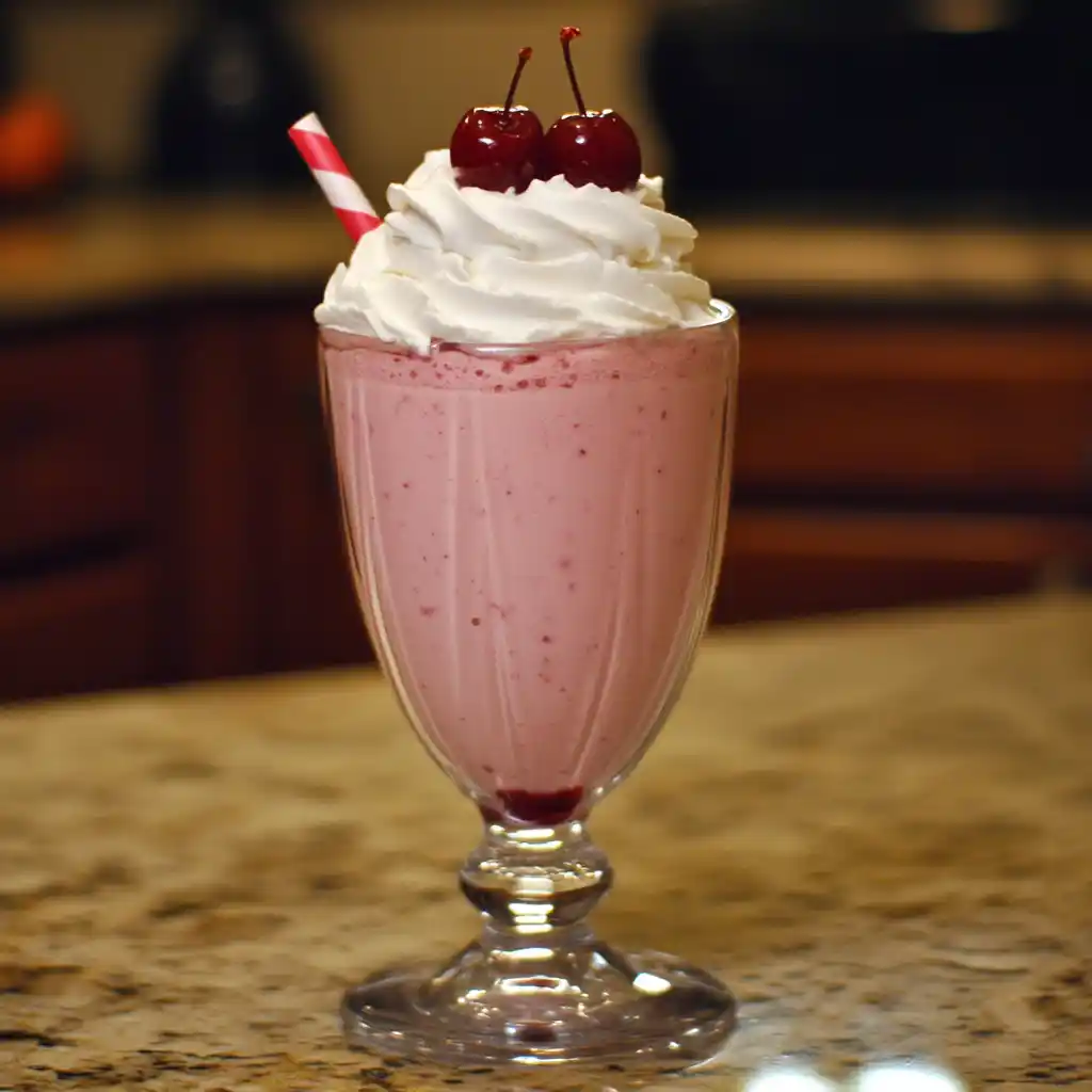 Creamy cherry milkshake with whipped cream and cherries, served in a tall glass at Station Recipes. Perfect for a refreshing dessert or treat.