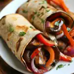 Roasted vegetable burritos with grilled peppers, onions, and fresh herbs on a white plate. Perfect for a healthy, delicious meal or quick lunch option.
