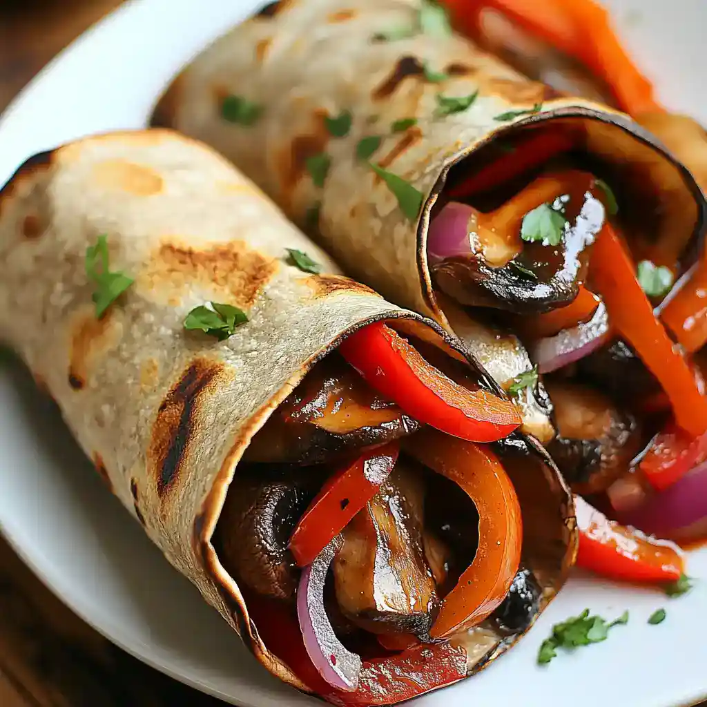 Roasted vegetable burritos with grilled peppers, onions, and fresh herbs on a white plate. Perfect for a healthy, delicious meal or quick lunch option.