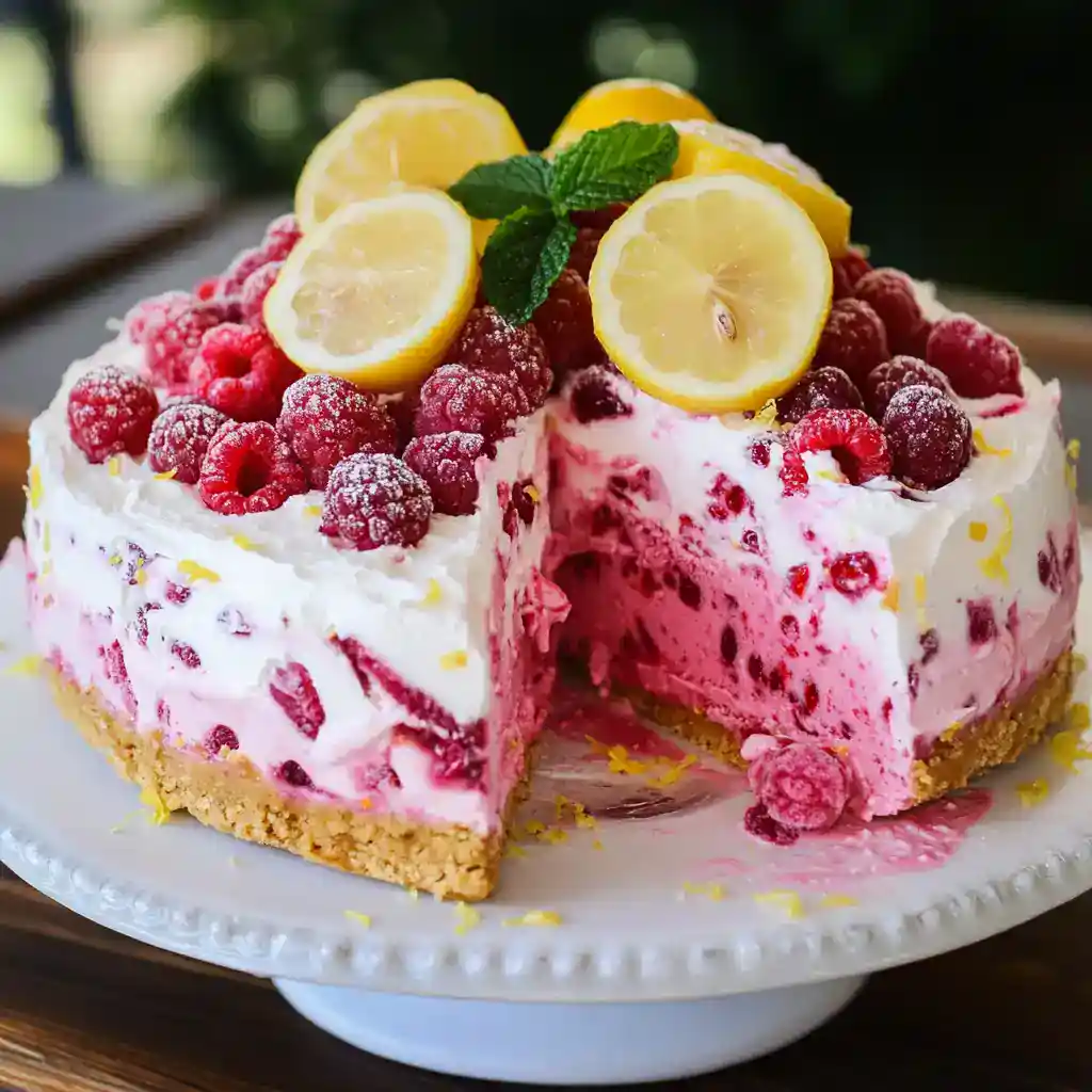 Sweet berry lemon cheesecake topped with fresh raspberries, lemon slices, mint, and a graham cracker crust, perfect for summer desserts and fruit lovers.