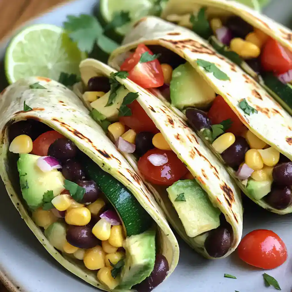 Fresh veggie and bean tacos with grilled tortillas, zucchini, cherry tomatoes, corn, and cilantro on a plate. Perfect for healthy, easy meal ideas from Station Recipes.