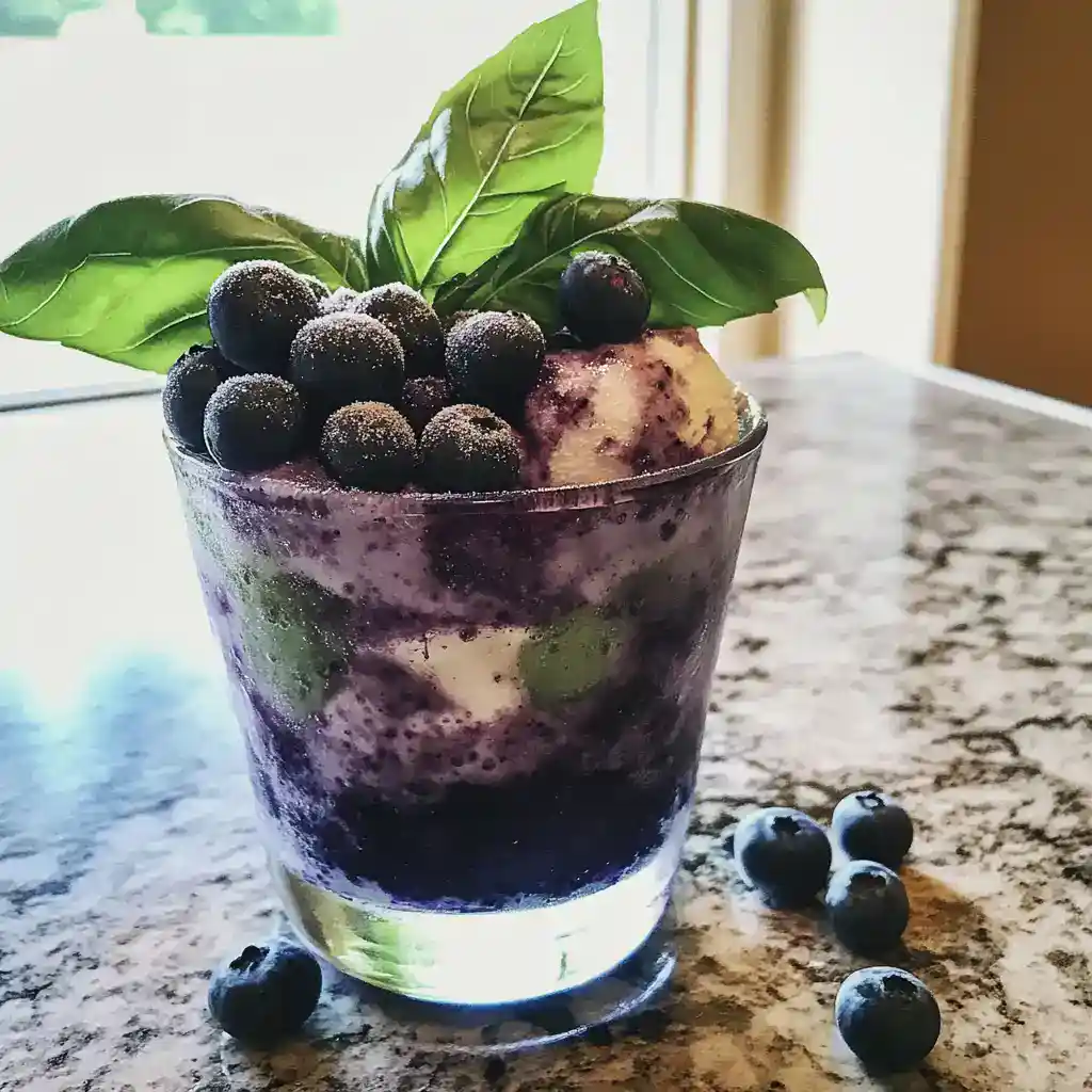 Fresh blueberry dessert parfait with basil leaves, creamy layers, and a dusting of powdered sugar, served in a clear glass on a marble countertop. Perfect for summer or breakfast.