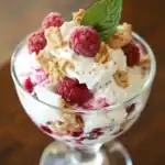 Fresh raspberry dessert parfait with whipped cream, crumble topping, and mint garnish, perfect for summer treats or family desserts.
