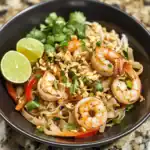 Fresh shrimp pad thai with vegetables, chopped peanuts, lime wedges, and cilantro in a black bowl, showcasing a flavorful Thai-inspired seafood noodle dish.