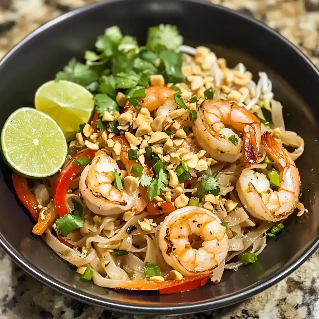 Fresh shrimp pad thai with vegetables, chopped peanuts, lime wedges, and cilantro in a black bowl, showcasing a flavorful Thai-inspired seafood noodle dish.