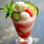 Fresh strawberry and cucumber summer fruit smoothie garnished with mint leaves and ice cream, served in a tall glass, perfect for a refreshing healthy treat.