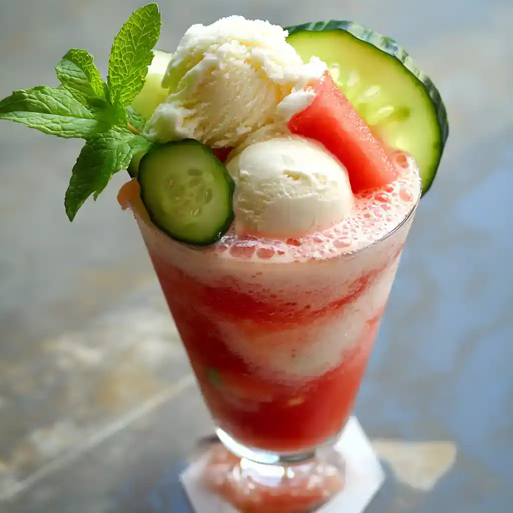 Fresh strawberry and cucumber summer fruit smoothie garnished with mint leaves and ice cream, served in a tall glass, perfect for a refreshing healthy treat.