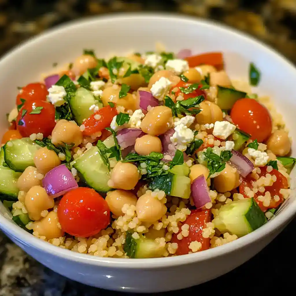 Vegan chickpea quinoa salad with cherry tomatoes, cucumbers, red onion, feta cheese, and fresh herbs in a white bowl, perfect for a healthy and flavorful meal.