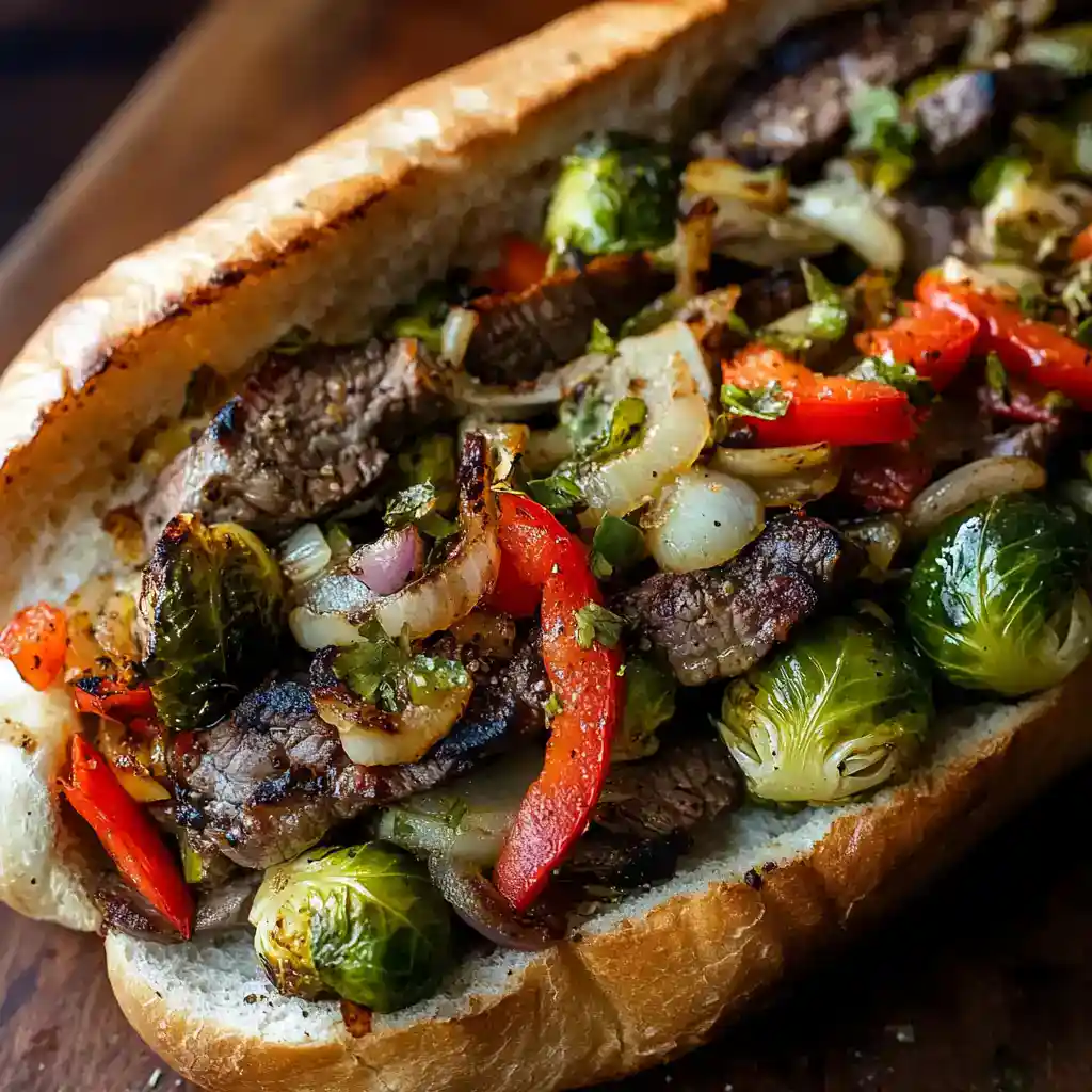 Grilled steak sandwich with sautéed Brussels sprouts, onions, red bell peppers, and fresh herbs on a toasted hoagie roll. Perfect comfort food recipe with premium ingredients and rich flavors.