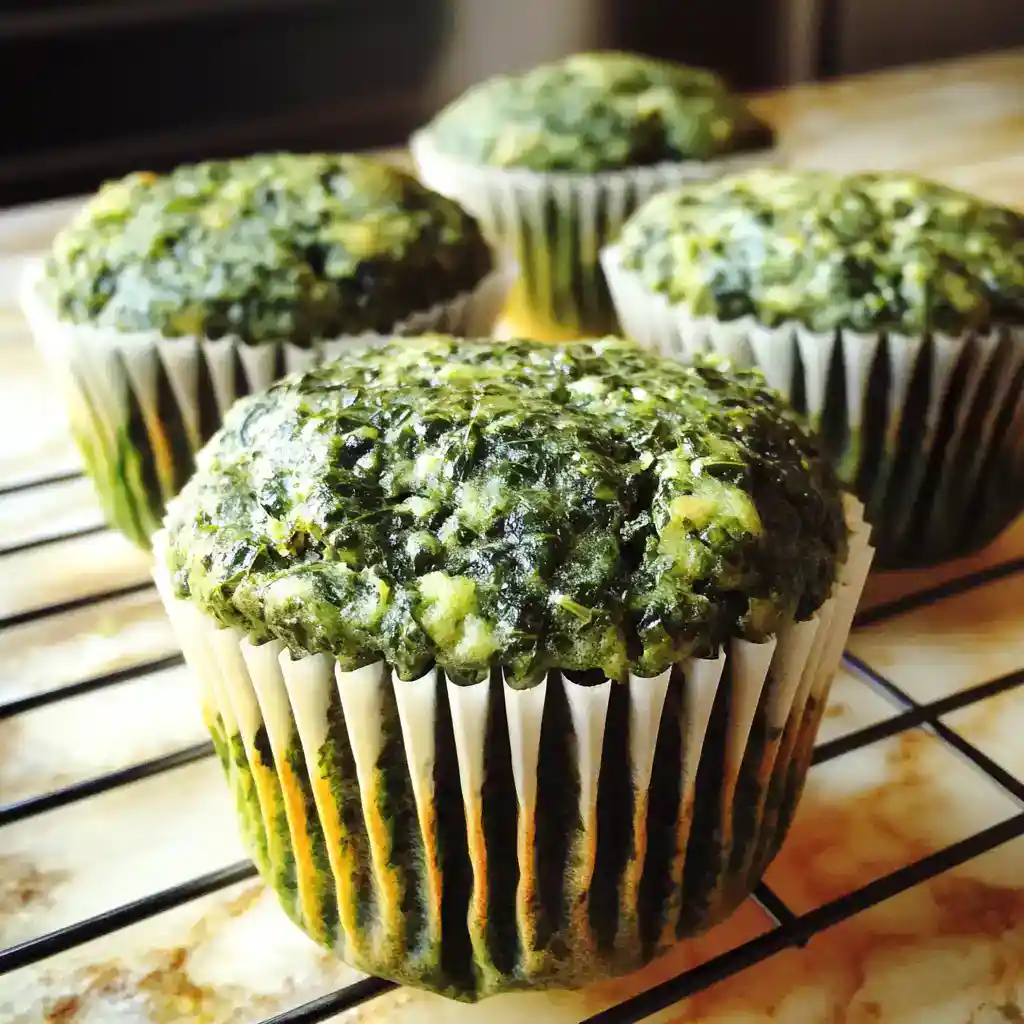 Fresh spinach muffins cooling on a wire rack, perfect for healthy snack recipes and breakfast options.