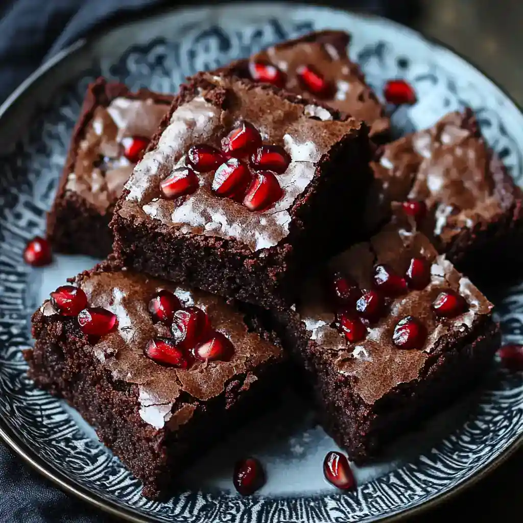 Decadent chocolate brownies topped with pomegranate seeds on a decorative black and white plate. Perfect for sweet craving, dessert, or special occasion. Rich, chewy, and chocolatey.