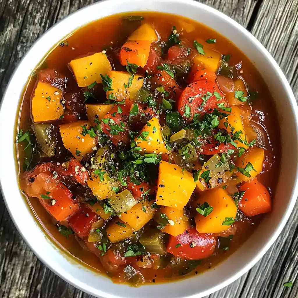 Vegetable stew with potatoes, carrots, celery, and fresh herbs in a savory broth, perfect for healthy homemade comfort food.