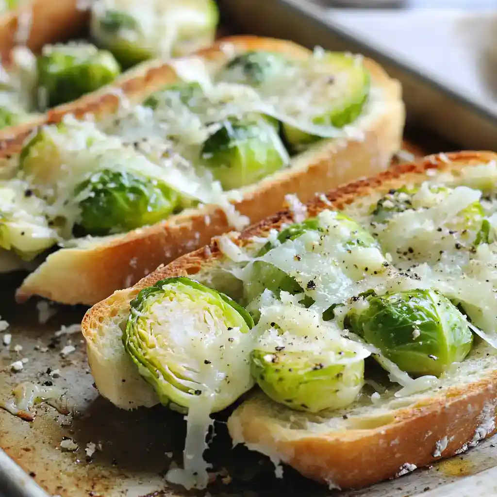 Roasted Brussels sprout toast with melted cheese on crusty bread, fresh Brussels sprouts, and seasonings, making a hearty vegetable snack or appetizer.