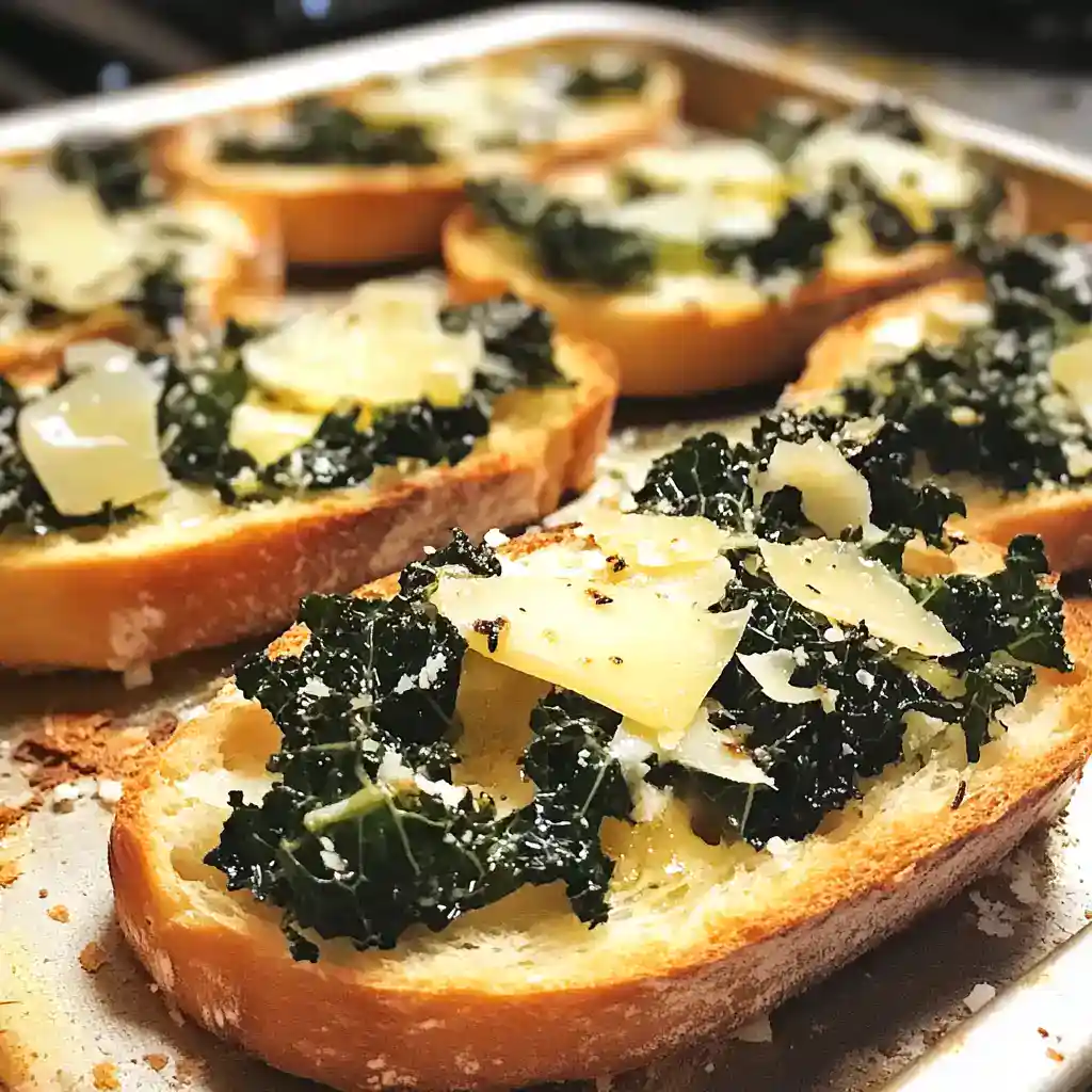 Crusty bread topped with sautéed kale and shaved cheese, ready to enjoy.