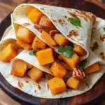 Sweet Potato and Walnut Wraps with Fresh Cilantro on a Wooden Plate, healthy vegan recipe, easy meal idea, gluten-free wrap, nutritious plant-based lunch or dinner option.