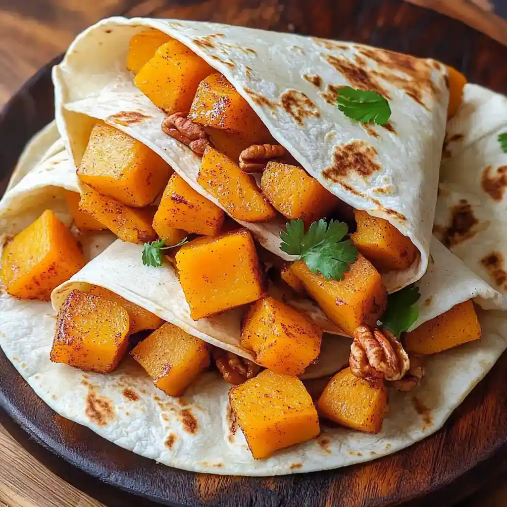 Sweet Potato and Walnut Wraps with Fresh Cilantro on a Wooden Plate, healthy vegan recipe, easy meal idea, gluten-free wrap, nutritious plant-based lunch or dinner option.