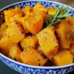 Sweet roasted butternut squash seasoned with herbs and garnished with fresh rosemary, perfect for seasonal recipes.