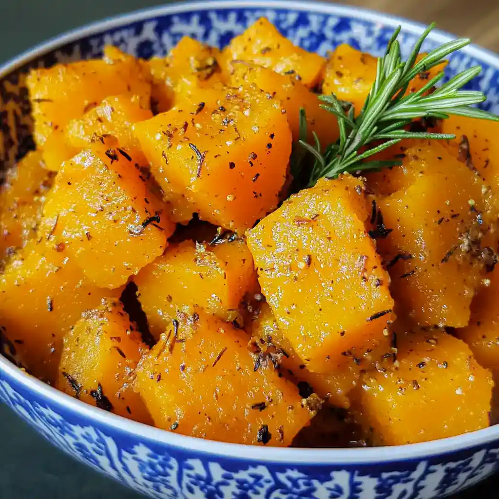 Sweet roasted butternut squash seasoned with herbs and garnished with fresh rosemary, perfect for seasonal recipes.