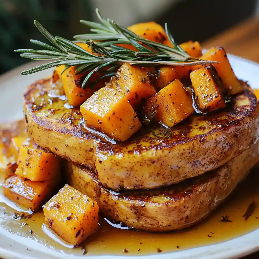 Sweet potato steak with roasted seasonal vegetables, fresh rosemary garnish, and drizzled balsamic glaze, served on a white plate for a savory and hearty meal.