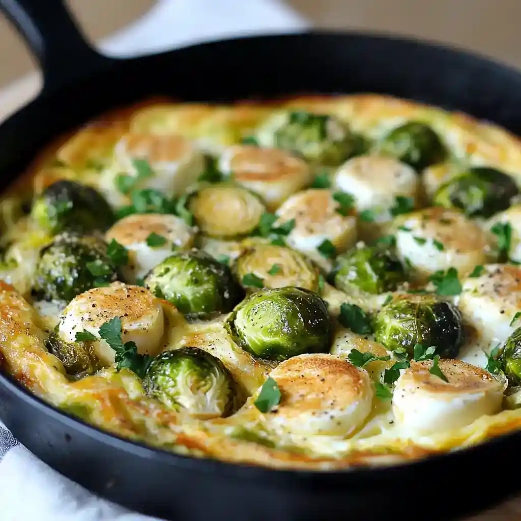 Tender Brussels sprouts and perfectly cooked eggs in a creamy skillet, topped with fresh herbs, creating a delicious and nutritious breakfast or brunch option.
