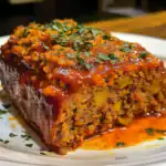 Savory meatloaf with tomato sauce and fresh herbs, perfect for a comforting family meal. Delicious recipes for a hearty, flavorful dinner you can make at home.