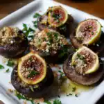 Succulent stuffed portobello mushrooms topped with fresh figs, herbs, and crispy breadcrumbs, served on a white dish. A flavorful, healthy, and irresistible appetizer or main dish perfect for any meal.