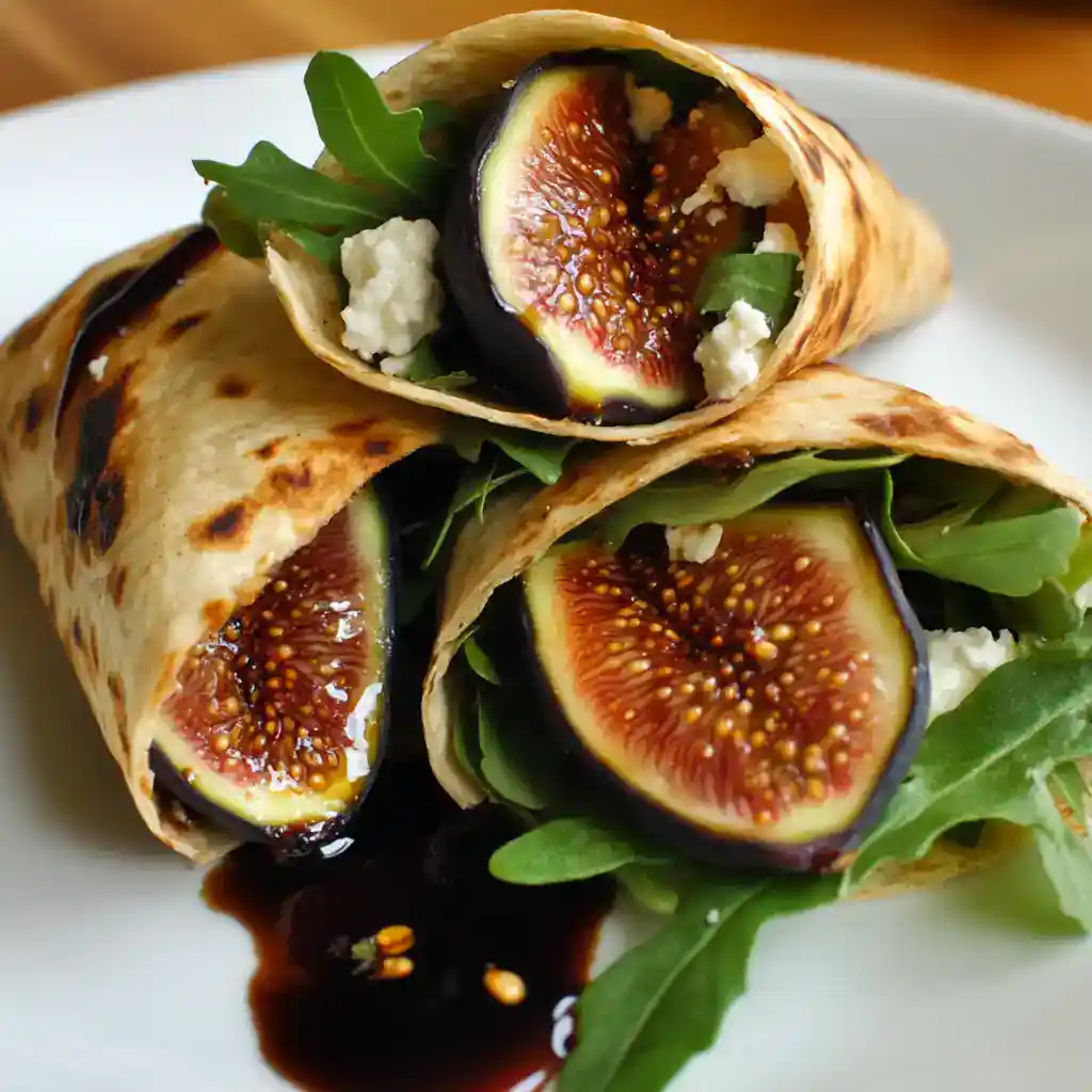 Sweet fig wraps with goat cheese, fresh arugula, and balsamic glaze on a white plate. Delicious and healthy vegetarian appetizer or snack from Station Recipes.