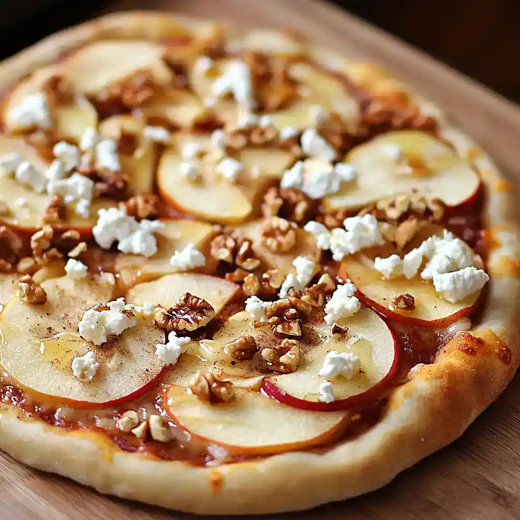 Creamy pear and walnut pizza topped with crumbled cheese and caramelized walnuts, served on a rustic wooden board, perfect for cozy family dinners and comfort food cravings.