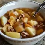 Creamy potato soup with walnuts and herbs, served in a white bowl, perfect for cozy homemade dinners.
