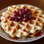 Sweet waffles topped with fresh red grapes on a decorative plate, perfect for breakfast or brunch. Easy to make homemade waffle recipe with crispy exterior and soft interior, served with fruit toppings.