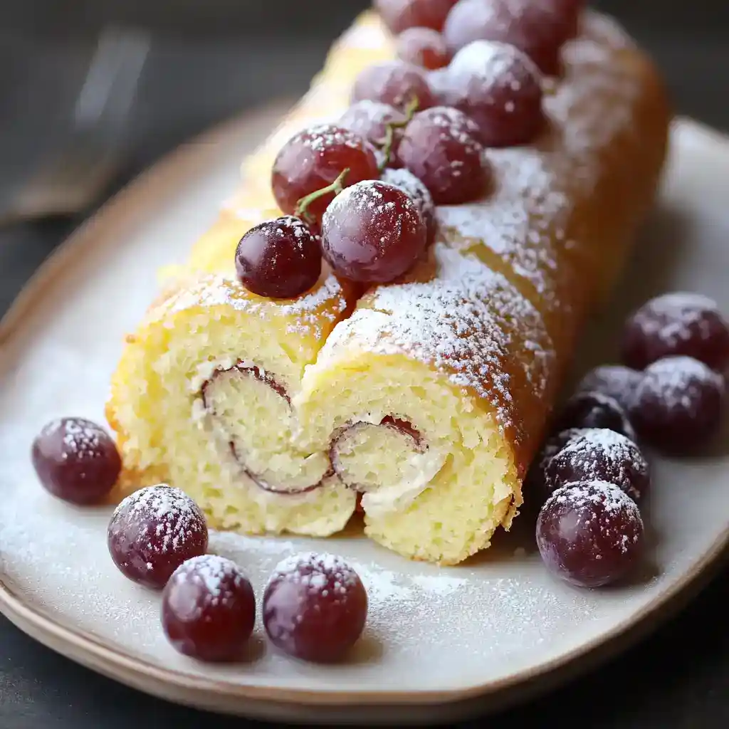 Fluffy Swiss roll cake with fresh red grapes and powdered sugar on a white plate, topped with whipped cream. Perfect for desserts, easy to make, and delicious for all occasions.