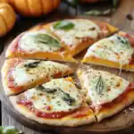 Golden cheese pizza slices with basil on wood serving board, fresh and homemade Italian pizza, crispy crust, melted cheese, basil garnish, close-up shot, perfect for dinner or snack.