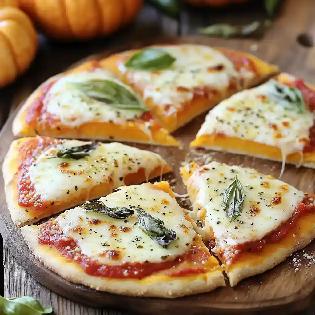 Golden cheese pizza slices with basil on wood serving board, fresh and homemade Italian pizza, crispy crust, melted cheese, basil garnish, close-up shot, perfect for dinner or snack.