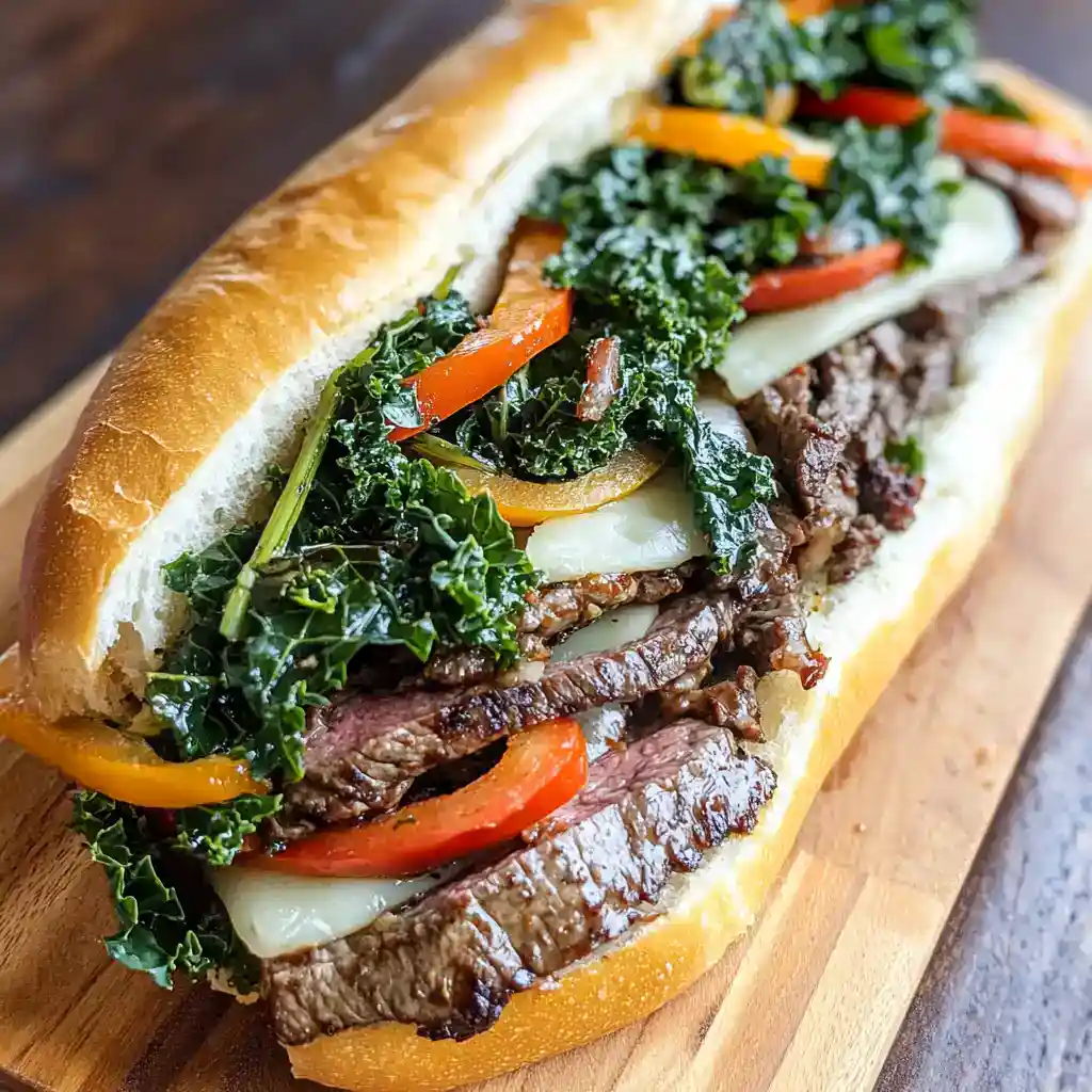 Juicy steak sandwich with sautéed kale, roasted red peppers, and caramelized onions on a fresh hoagie roll, perfect for a hearty meal.