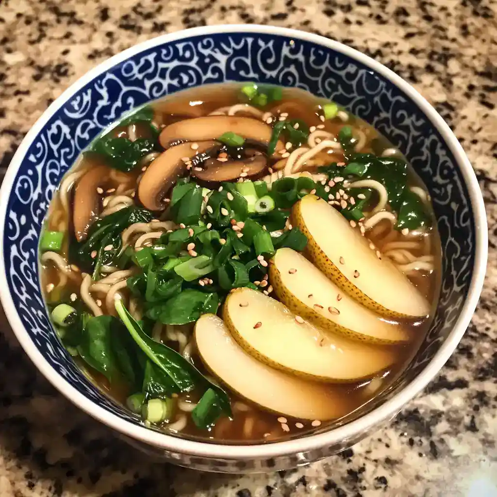 Mushroom spinach noodle soup with sliced pears and sesame seeds in a blue patterned bowl on a speckled countertop, perfect for a hearty, healthy meal.