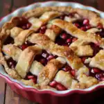Flaky cherry pomegranate pie with lattice crust served in a red dish, perfect for holiday dessert.