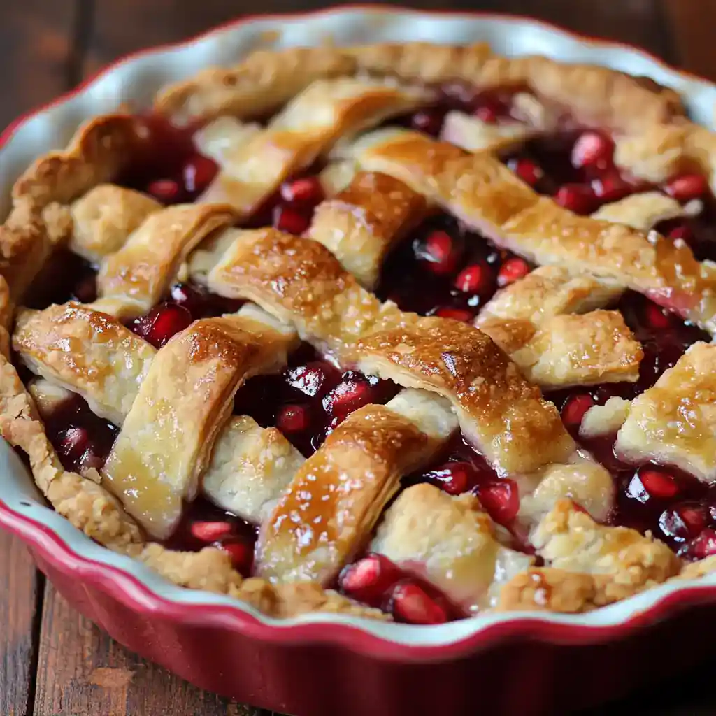 Flaky cherry pomegranate pie with lattice crust served in a red dish, perfect for holiday dessert.