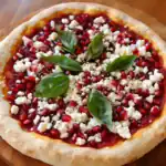 Fresh pomegranate and feta cheese pizza with basil leaves on a wooden surface. Perfect for a quick, delicious homemade pizza recipe.