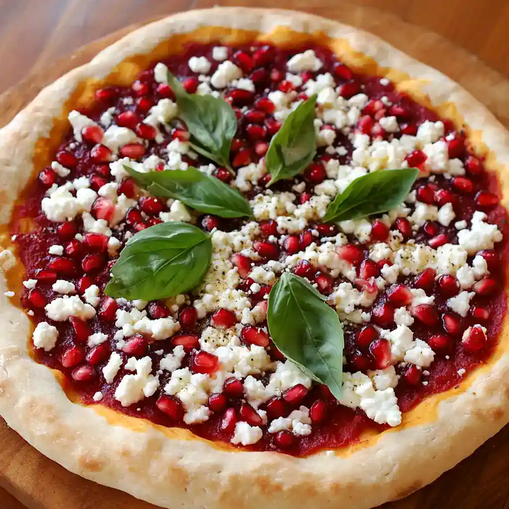 Fresh pomegranate and feta cheese pizza with basil leaves on a wooden surface. Perfect for a quick, delicious homemade pizza recipe.