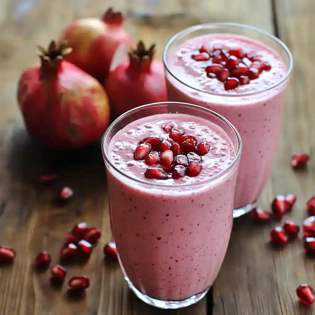 Refreshing pomegranate smoothie in tall glasses garnished with pomegranate seeds, with whole pomegranates in the background, perfect for healthy fruit recipes.