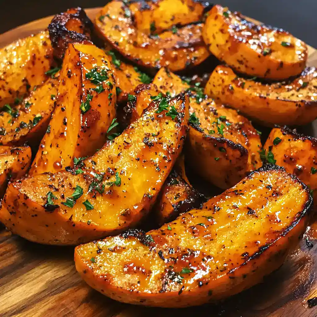 Roasted honey glazed sweet potatoes with herbs and black pepper on wooden serving platter.