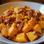 Sweet potato and pecan salad with corn and seasoning in a white bowl, healthy fall side dish.