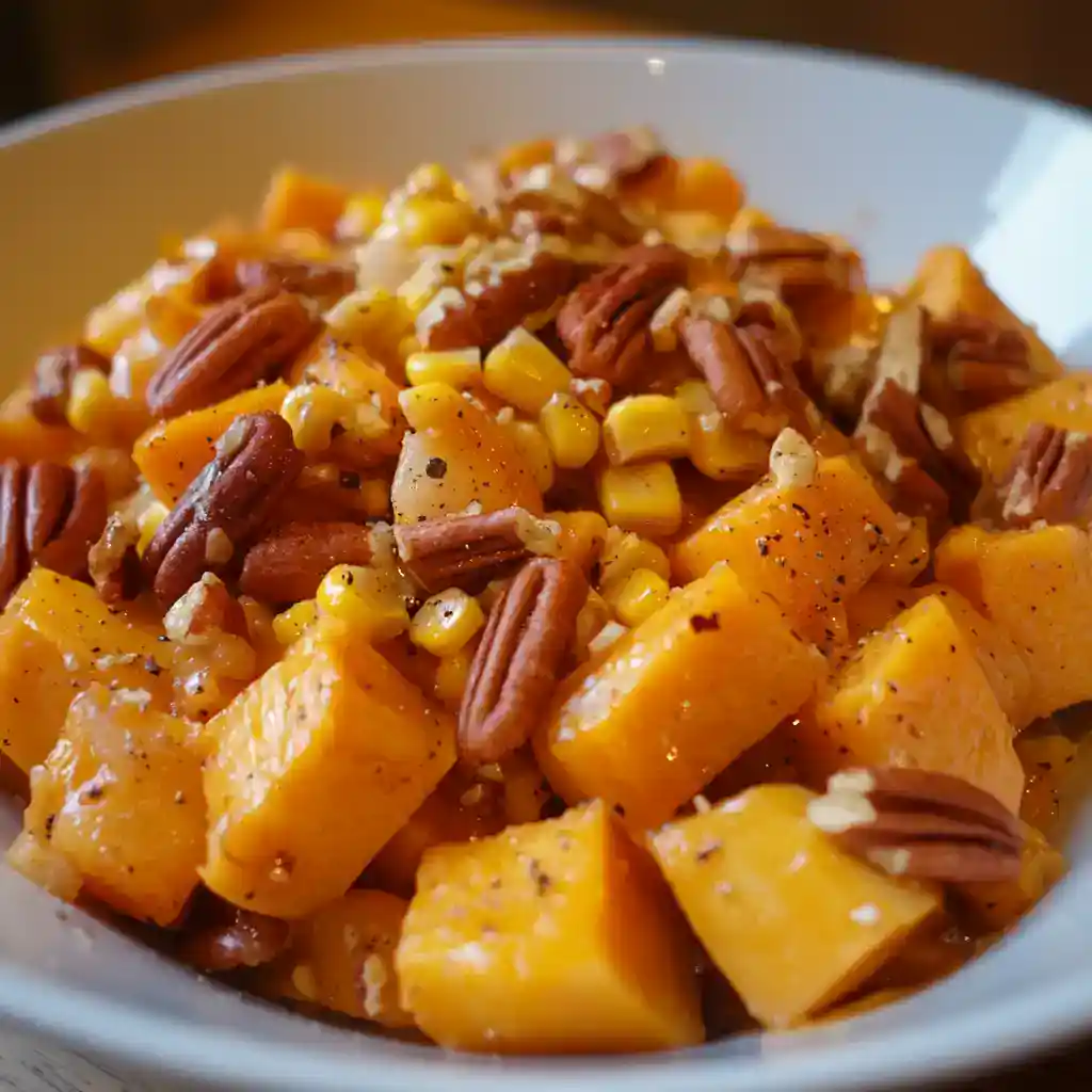 Sweet potato and pecan salad with corn and seasoning in a white bowl, healthy fall side dish.